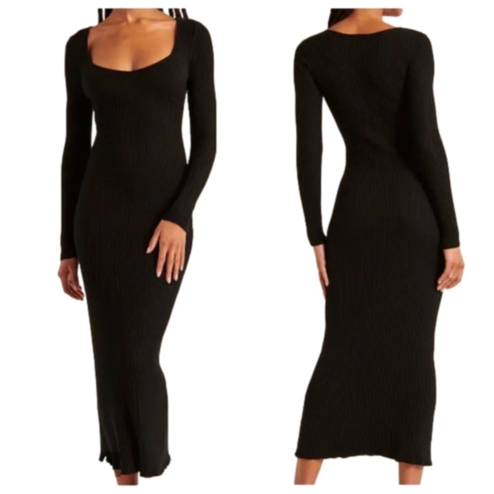 Abercrombie Ribbed Long Sleeve Maxi Dress Black PETITE